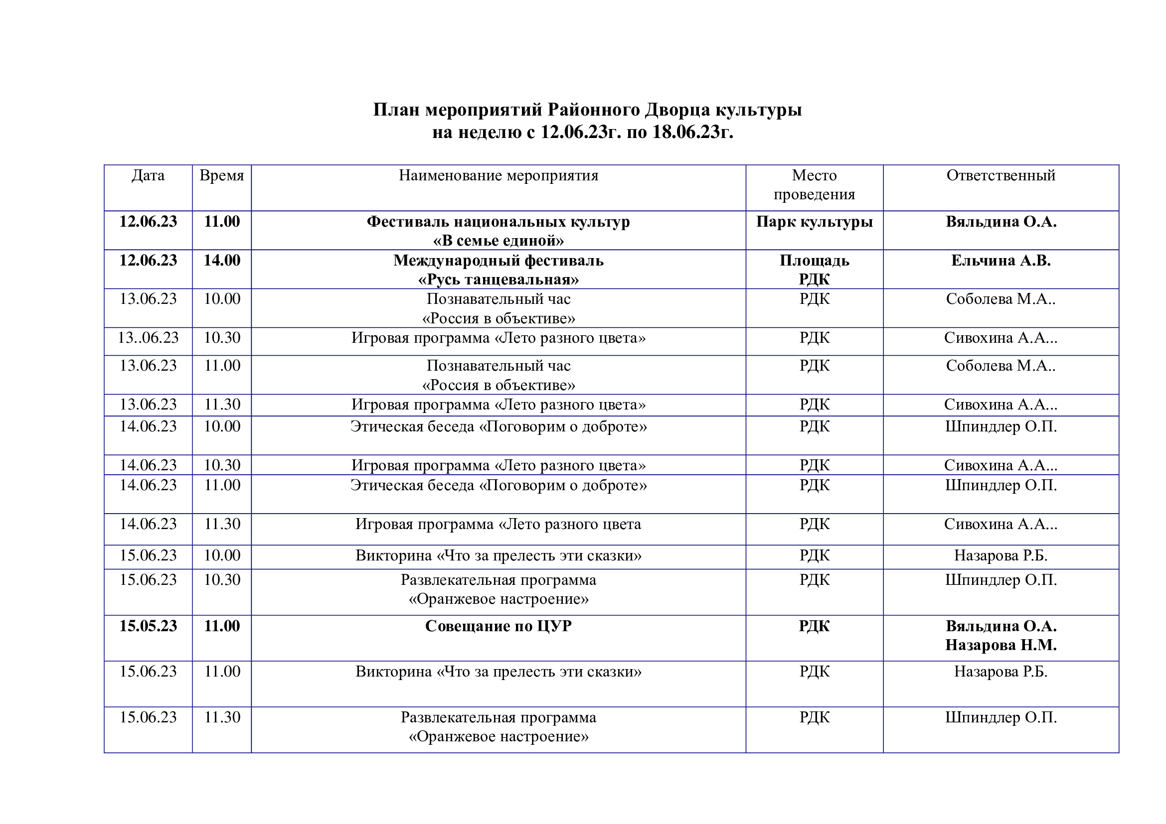 You are currently viewing План мероприятий Районного Дворца культуры на неделю с 12.06.23г. по 18.06.23г.