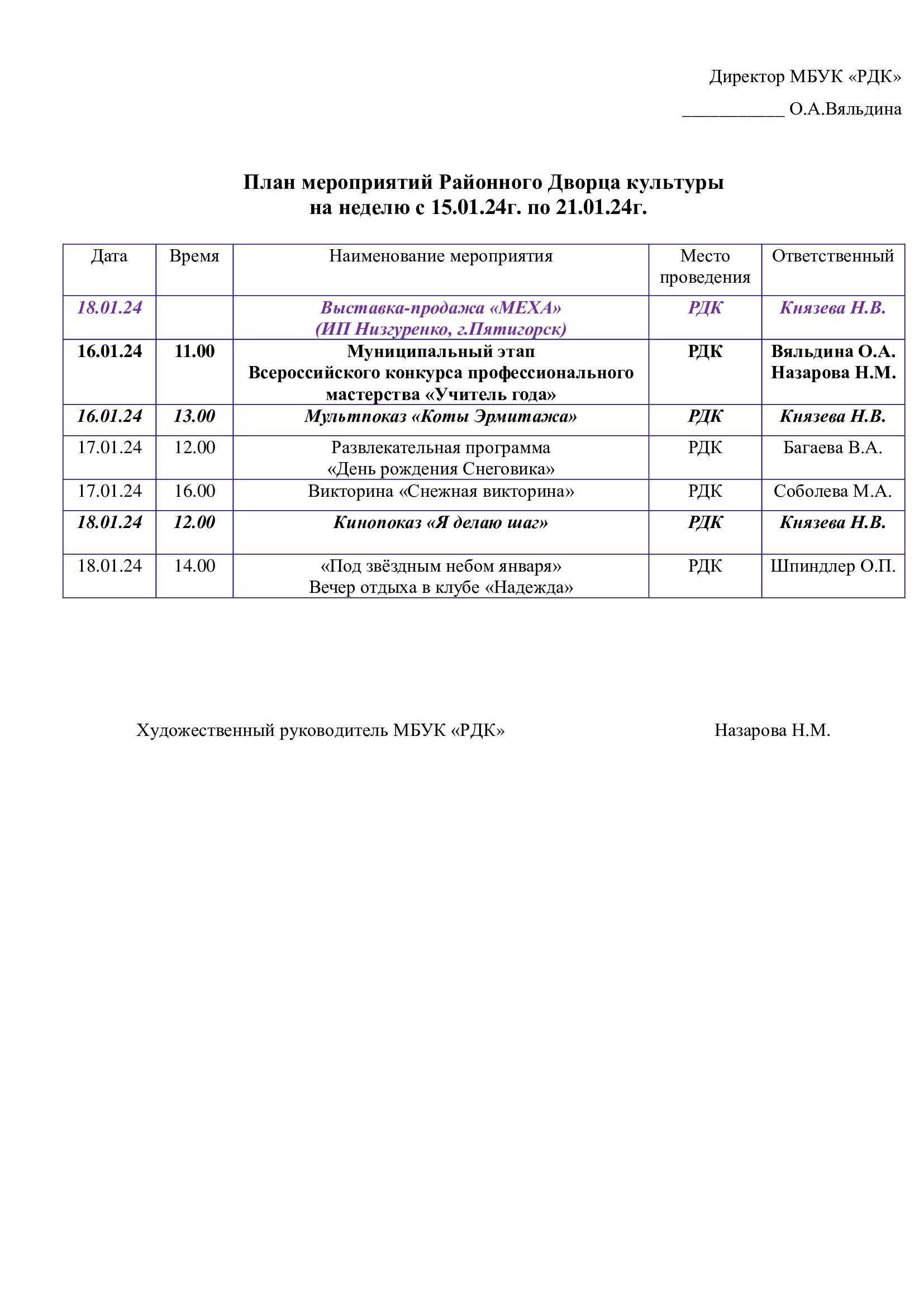 You are currently viewing План мероприятий Районного Дворца культуры на неделю с 15.01.24г. по 21.01.24г.