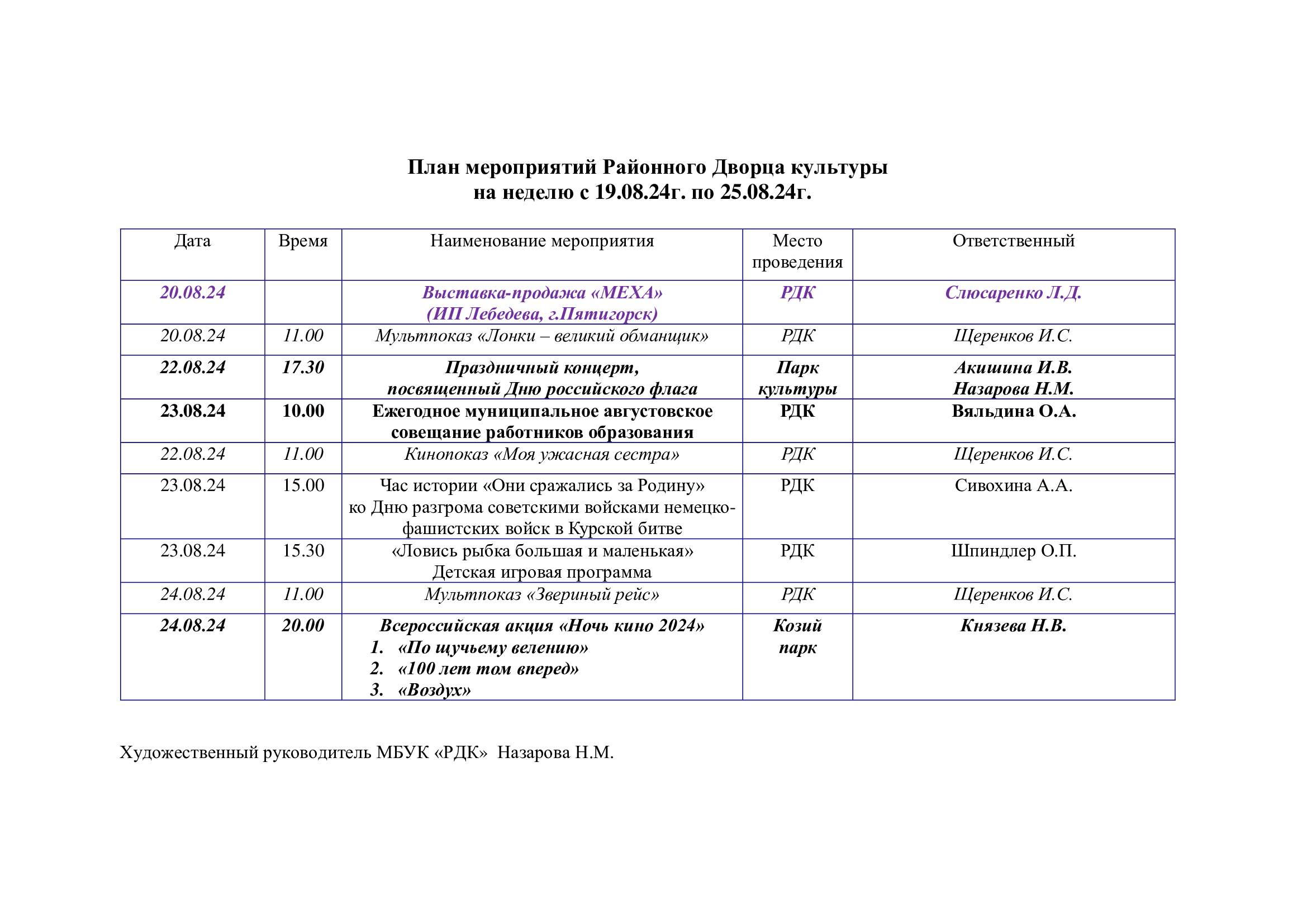 You are currently viewing План мероприятий Районного Дворца культуры на неделю с 19.08.24г. по 25.08.24г.