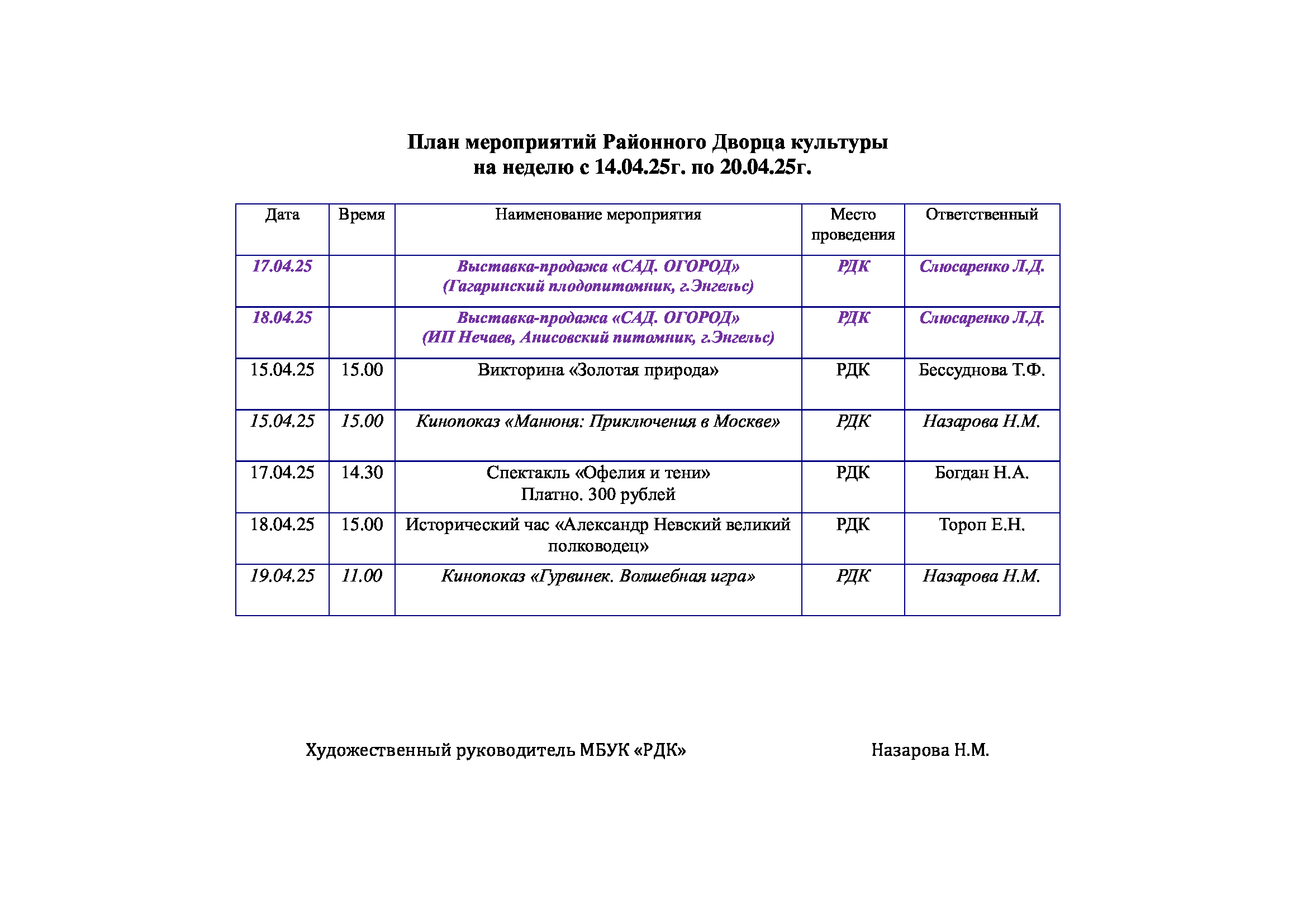 You are currently viewing План мероприятий Районного Дворца культуры на неделю с 14.04.25г. по 20.04.25г.